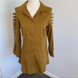 Lifestyle Attitude Cut Out Long Sleeve Rust Brown Buttons Tailored Blouse SZ S
